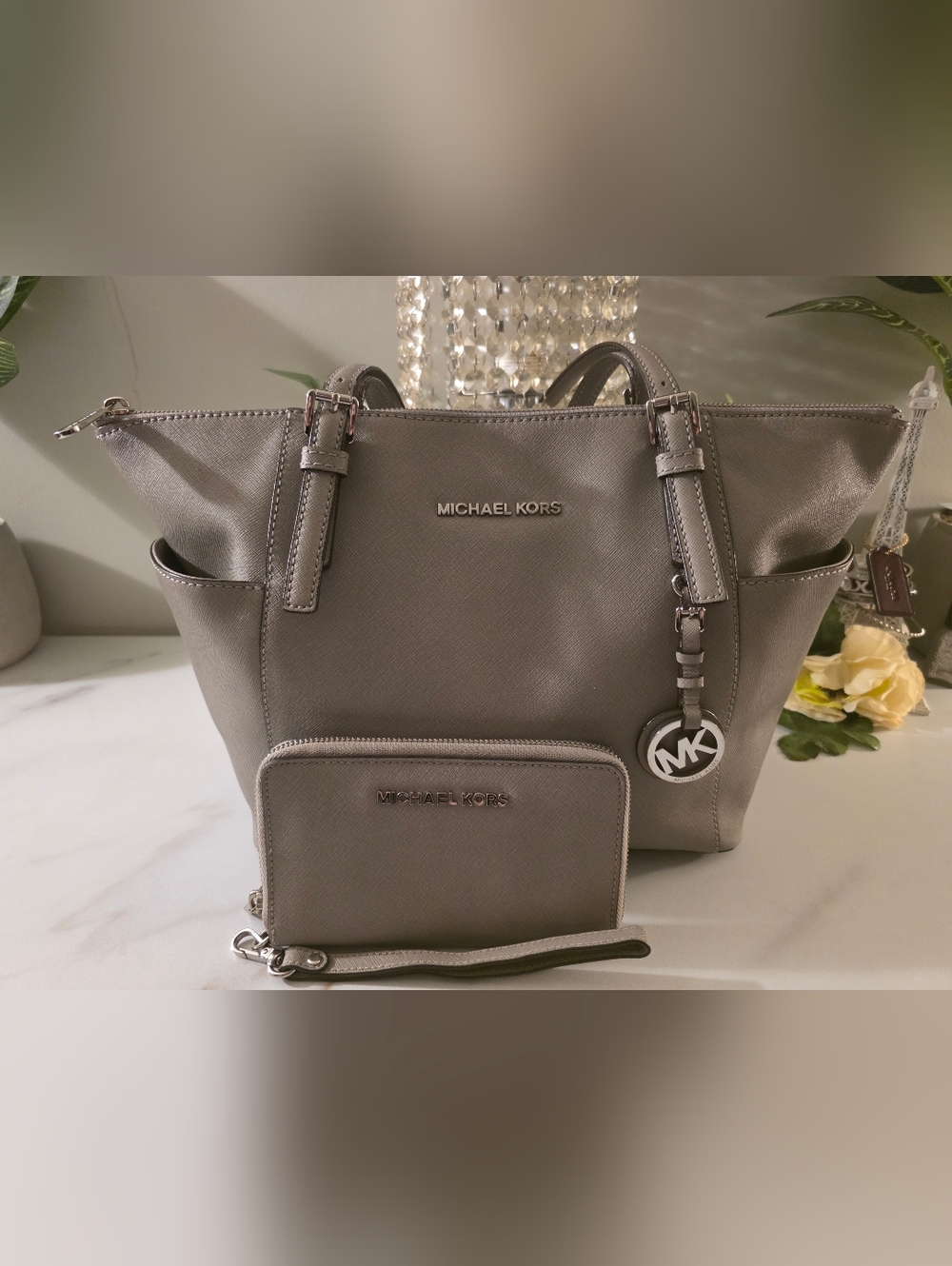 Michael Kors Gray Saffiano Tote with Matching Wallet